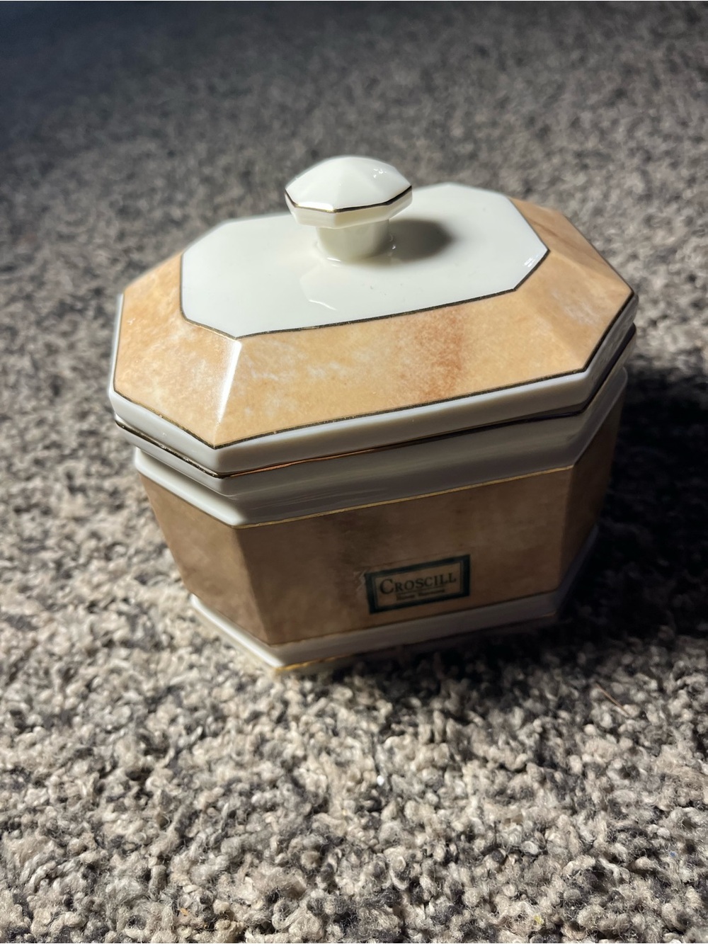 Croscill Octagonal Ceramic Jewelry Box in Cream and Beige with Gold Trim